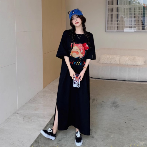 Imitation cotton milk silk #Summer new short-sleeved loose Korean style printed slit long over-the-knee dress T-shirt skirt for women