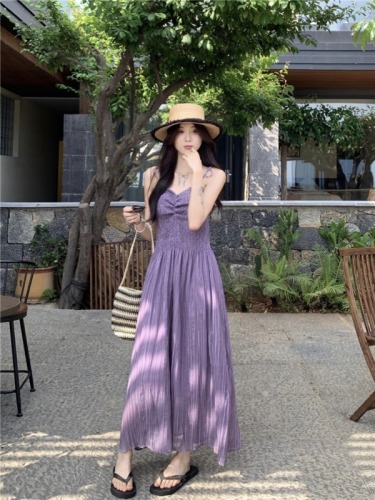 Actual shot of new style French elastic waistband long skirt tie-dyed purple strap suspender skirt for women