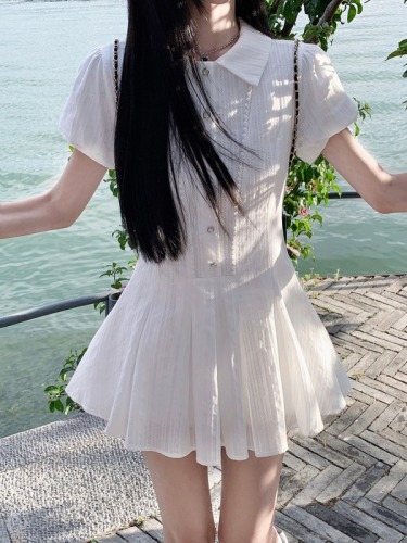 Actual shot ~ College style white puff sleeve shirt dress for women, summer temperament, waist-cinching and sweet short skirt