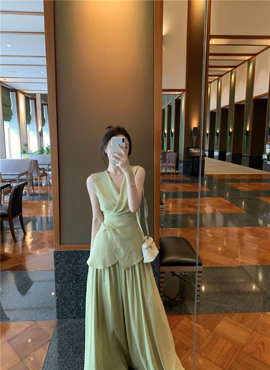 Real shot of temperament sleeveless lace-up top two-piece summer fashion slim skirt suit for women