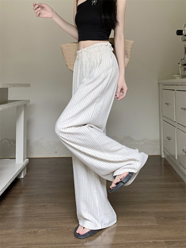 Real shot of summer high-waisted straight linen pants, floor-length casual pants, bud-waisted striped wide-leg cotton and linen pants