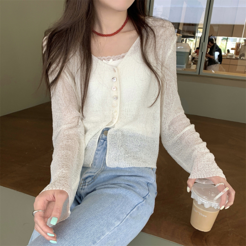 Summer Korean style loose v-neck temperament versatile imitation linen long-sleeved sun protection knitted top for women to wear