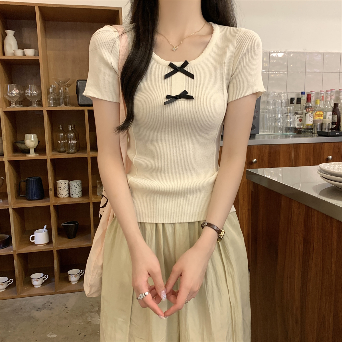 實拍 夏季韓版甜美蝴蝶結魚骨顯瘦修身設計感針織短袖上衣