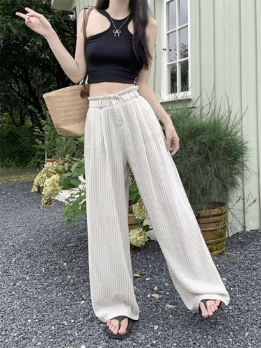 Real shot of summer high-waisted straight linen pants, floor-length casual pants, bud-waisted striped wide-leg cotton and linen pants