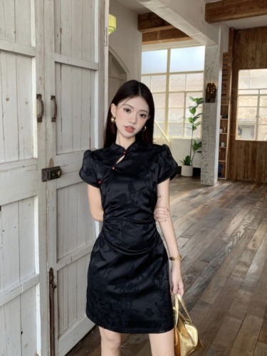 Actual shot ~ Chinese style new Chinese style dress for women Xia Xuelan jacquard temperament stand collar cheongsam short sleeve skirt