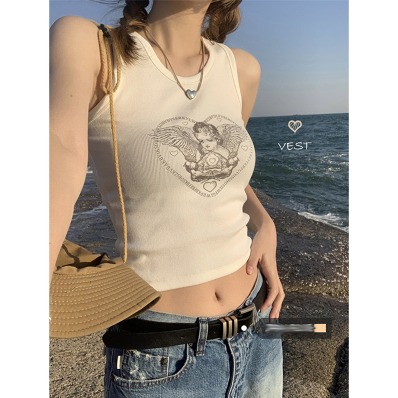 Official photo 40 count cotton 92 cotton 8 spandex retro angel sleeveless vest women summer sweet and spicy top