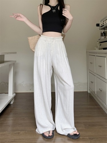 Real shot of summer high-waisted straight linen pants, floor-length casual pants, bud-waisted striped wide-leg cotton and linen pants