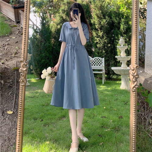 Plus size women's clothing 2024 summer fresh and fresh Mori women's lapel waist slimming French Platycodon cotton and linen dress