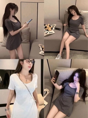 Pure hot girl style U-neck solid color pleated short-sleeved dress for women summer new slimming and chic short skirt trend