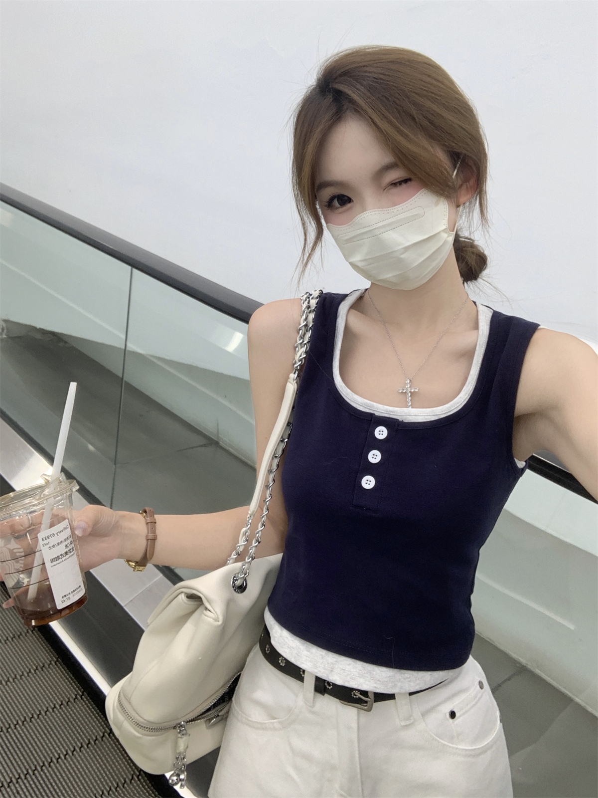 實拍 夏季韓版修身方領撞色紐扣假兩件設計百搭純棉背心上衣