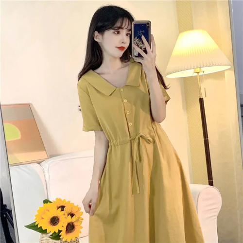 Plus size women's clothing 2024 summer fresh and fresh Mori women's lapel waist slimming French Platycodon cotton and linen dress