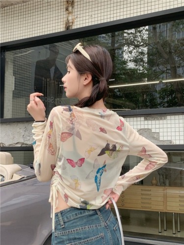 Real shots, real shots, sweet and cool butterfly mesh waist drawstring slimming short hot girl long-sleeved sun protection T-shirt