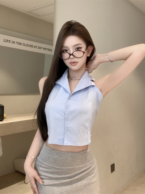 Real shot of pure desire niche sexy backless lapel slim fit short shirt vest shirt top for women
