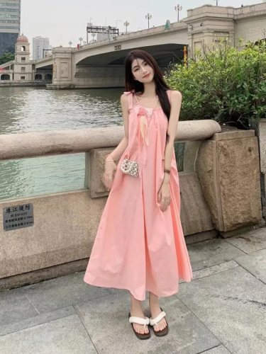 French first love sweet pink suspender dress for women summer 2024 new high-end design niche temperament long skirt