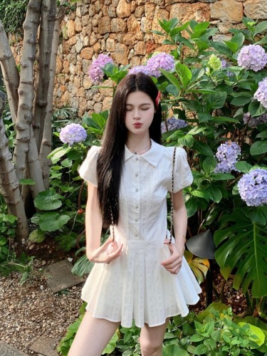 Actual shot ~ College style white puff sleeve shirt dress for women, summer temperament, waist-cinching and sweet short skirt