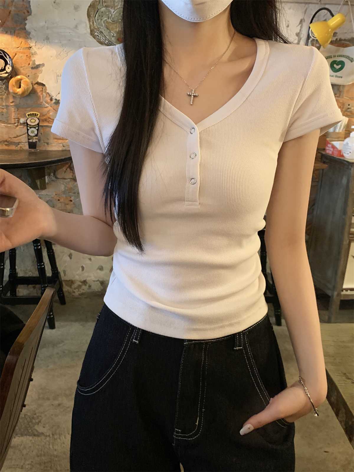 實拍 夏季韓版bm釘扣設計感正肩簡約百搭純棉短袖上衣T恤