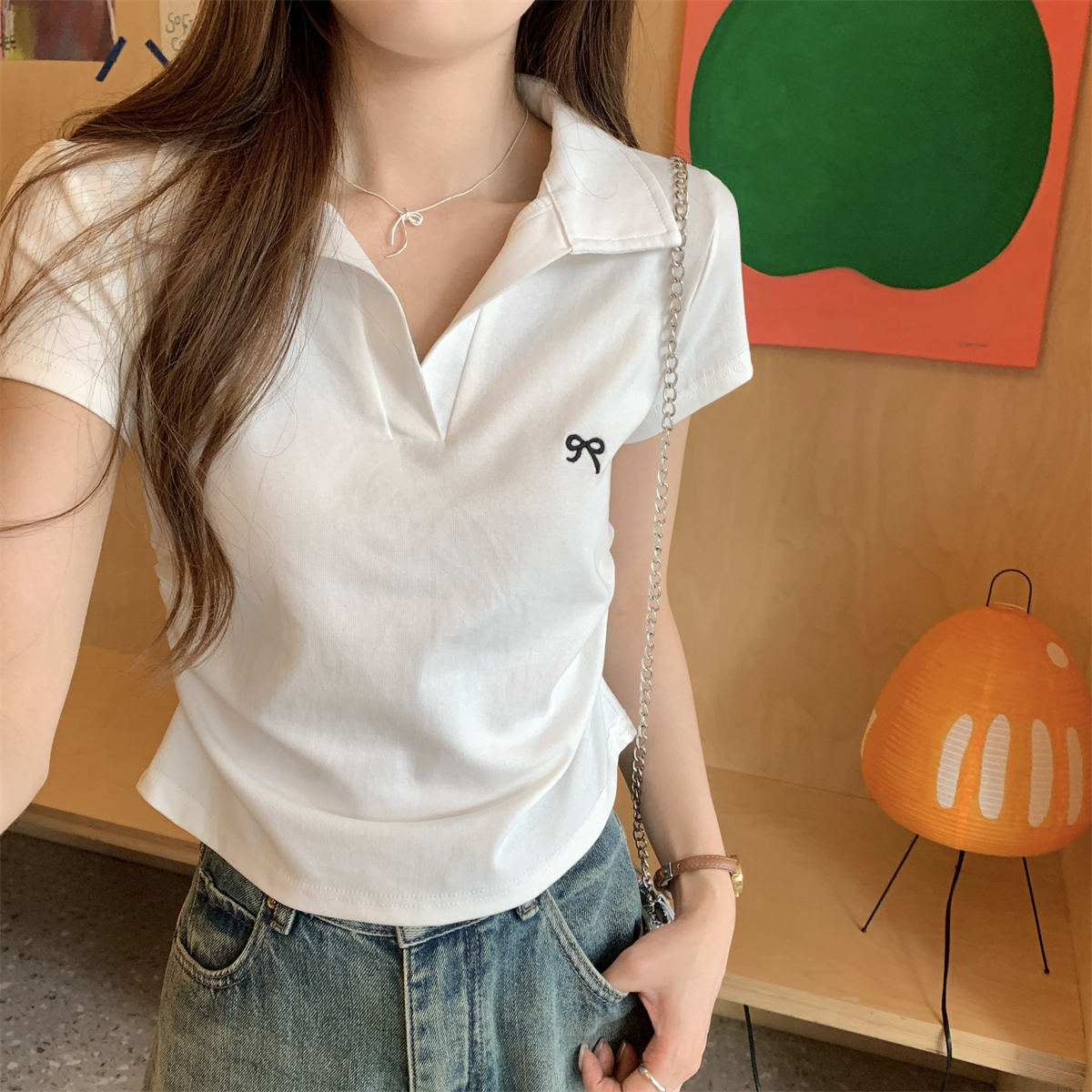 實拍 夏季韓版氣質polo減齡蝴蝶結刺繡褶皺純棉短袖T恤上衣