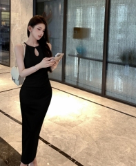 Real shot high-end temperament hollow-out sleeveless waist-increasing dress new Chinese style slimming long dress 