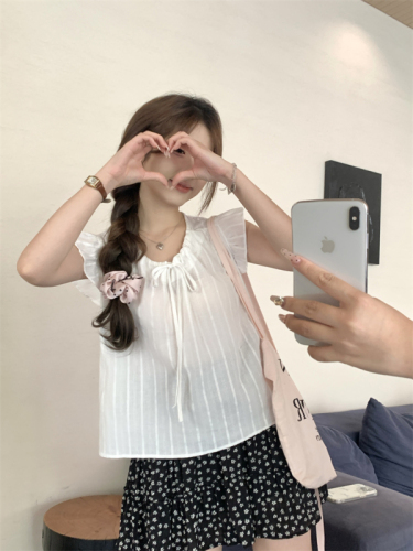 Actual shot of 2024 new summer style Feifei sleeve chic lace-up shirt women's babydoll top