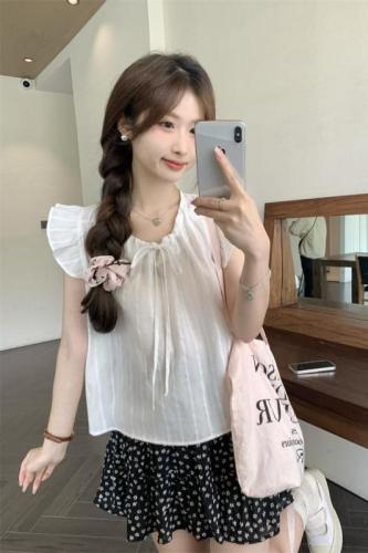 Actual shot of 2024 new summer style Feifei sleeve chic lace-up shirt women's babydoll top