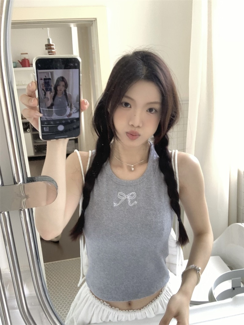 實拍~韓系鬼馬少女可愛蝴蝶結印花短款背心內搭