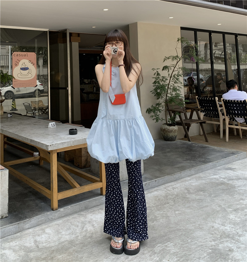 實拍韓系少女蓬蓬裙甜美小個子背心裙+休閒印花喇叭褲