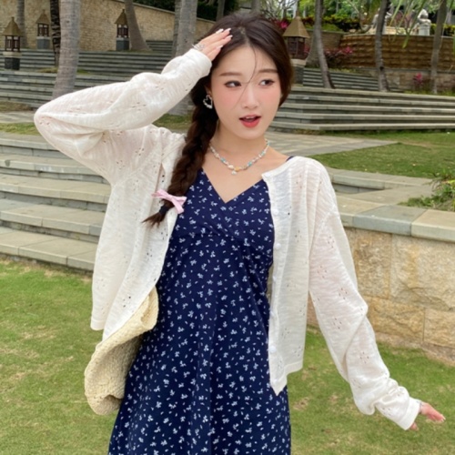 Summer suspender skirt with thin cardigan 2024 new style knitted sweater for women hollow blouse top sun protection jacket