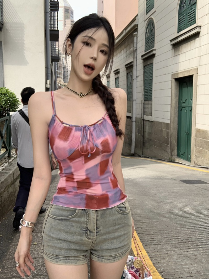 實拍~辣欲幻想 暈染設計感網紗短吊帶女辣妹純欲風無袖上衣