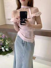 2024夏季新款妥妥時髦精荷葉邊吊帶針織小衫上衣女裝