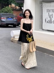 August Summer New Flowers Dress Pants Casual Pants Women Gentle Floor-Length Pants Versatile Design-Sense Wide Leg Pants