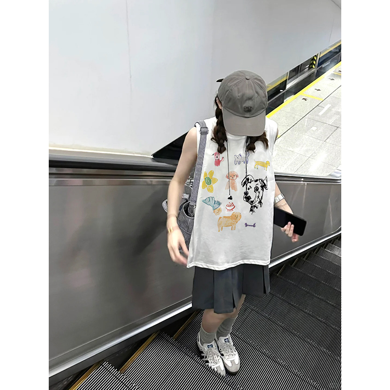 高質量純棉220克19支精梳緊密印花寬鬆大版無袖坎肩背心恤女