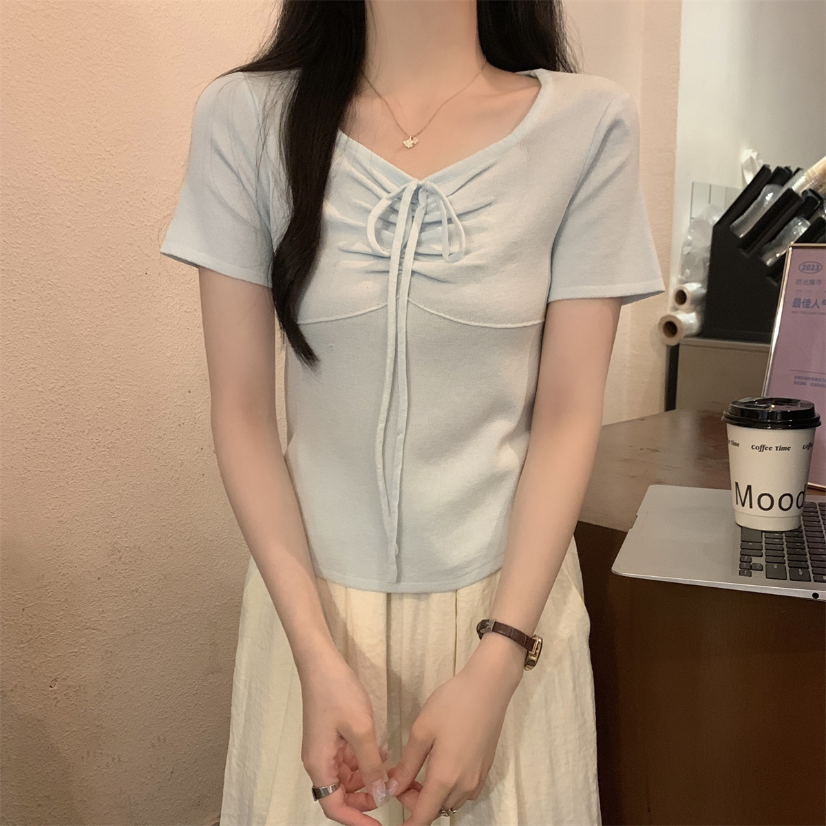 實拍 夏季韓版方領甜美系帶褶皺設計感百搭針織短袖上衣