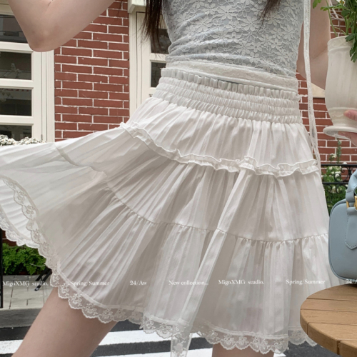 kumikumi French lace splicing tutu skirt women's high waist skirt spring sweet cake skirt versatile short skirt