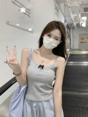 實拍 夏季韓版修身鏤空蝴蝶結含胸墊短款百搭純棉吊帶背心