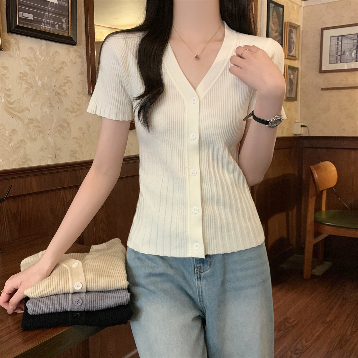 Photographed Summer Korean-style temperament V-neck single-breasted cardigan Andy wool versatile knit short-sleeved top for women