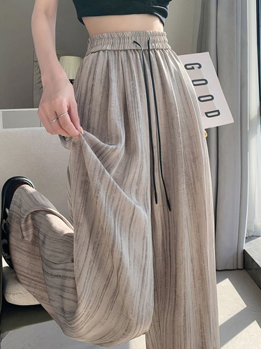 Large size 300 pounds ice silk ink painting wide leg pants for women summer thin casual high waist straight drape floor mopping pants for fat mm