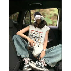 高質量純棉220克19支精梳緊密印花寬鬆大版無袖坎肩背心恤女