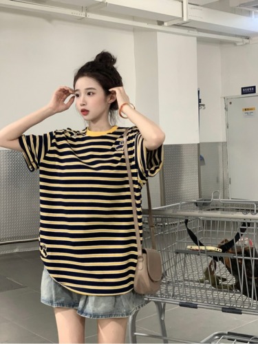 Real shot 230g double yarn striped short-sleeved T-shirt summer trend embroidered right shoulder slim short round neck top for women