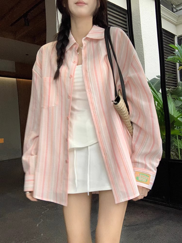 藍色條紋長袖防曬襯衫外套女裝春季寬鬆休閒襯衣顯瘦上衣薄款開衫