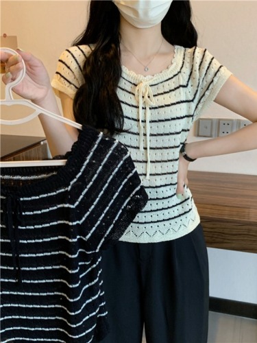 Real shot price French square neck short-sleeved sweater hollow crochet Korean style striped sweater