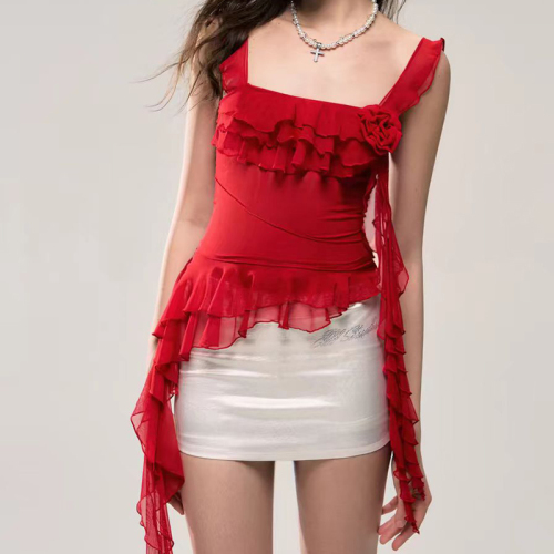 Can wear 120 pounds 2024 new niche design waist slim short gauze camisole outer top for women