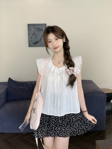 Actual shot of 2024 new summer style Feifei sleeve chic lace-up shirt women's babydoll top