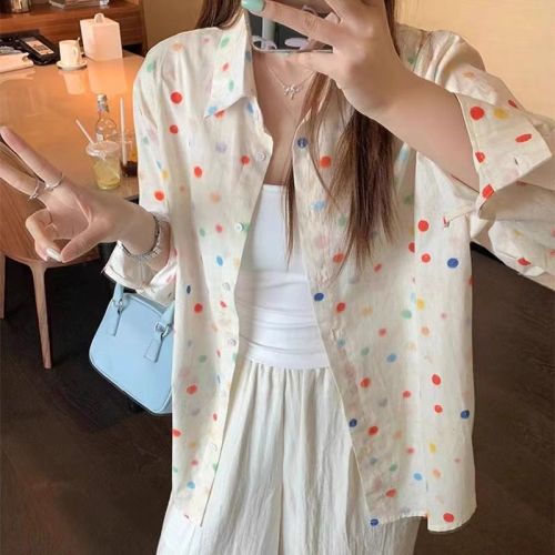 Original fabric design sense niche loose slimming French style sunscreen polka dot long sleeve women's shirt