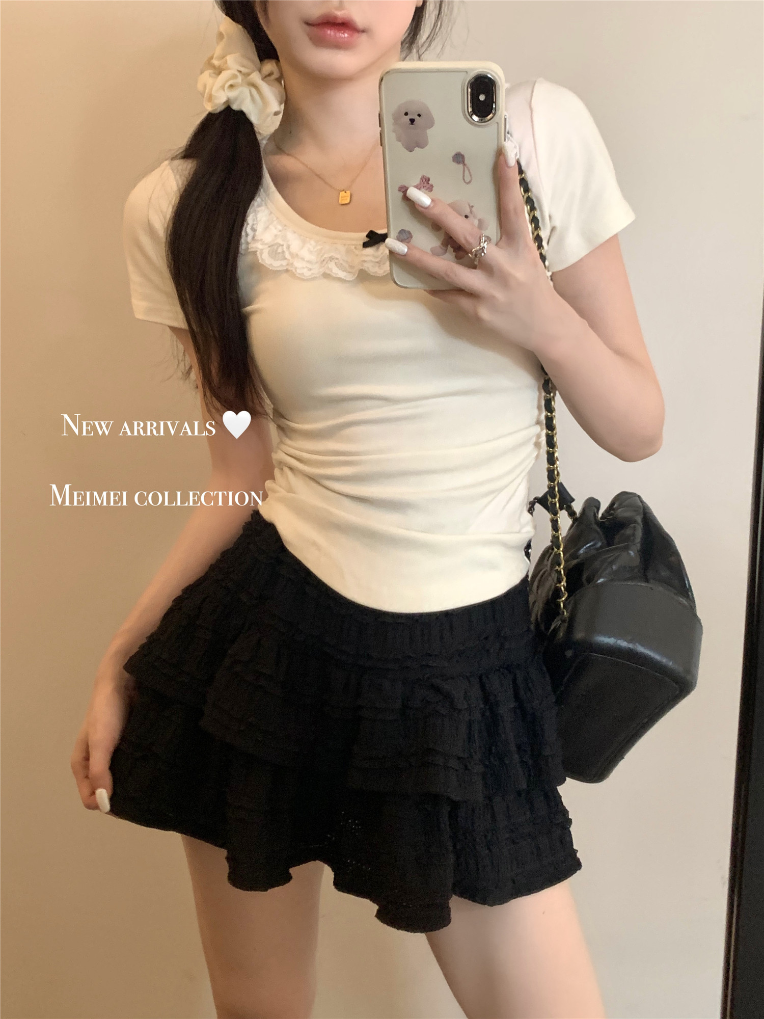 實拍~法式蕾絲花邊蝴蝶結T恤女夏季短款設計感不規則短袖上衣