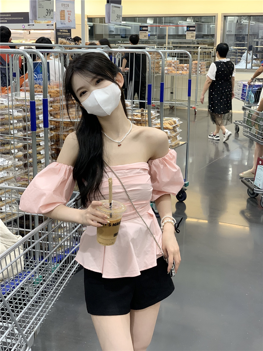 實拍！設計感小眾泡泡袖一字肩抹胸顯瘦氣質短款襯衣女
