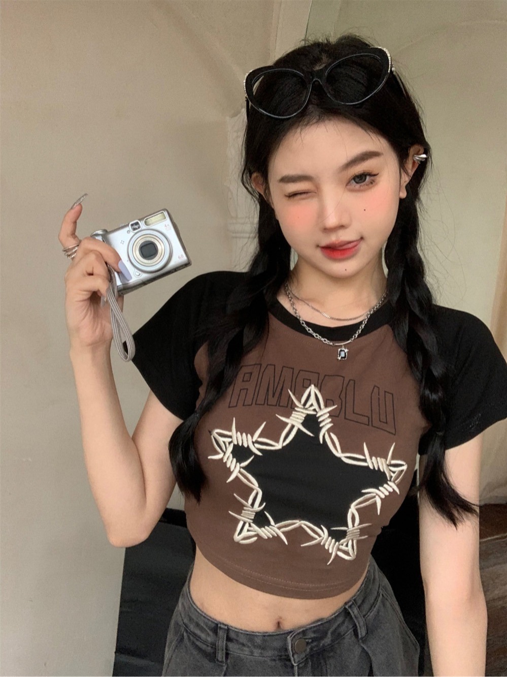 American retro contrast color star short-sleeved women's summer new hot girl tops