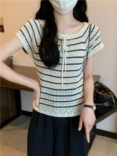 Real shot price French square neck short-sleeved sweater hollow crochet Korean style striped sweater