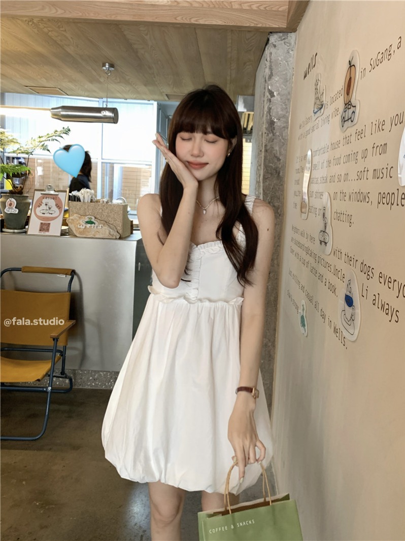 實拍韓系ins花苞少女初戀裙設計感花邊蓬蓬吊帶裙