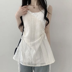 Korean-style lace-mesh spliced camisole for women: layered gauze skirt, overlay dress, and coordinating base-layer mini skirt