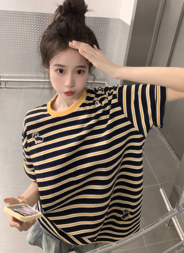 Real shot 230g double yarn striped short-sleeved T-shirt summer trend embroidered right shoulder slim short round neck top for women